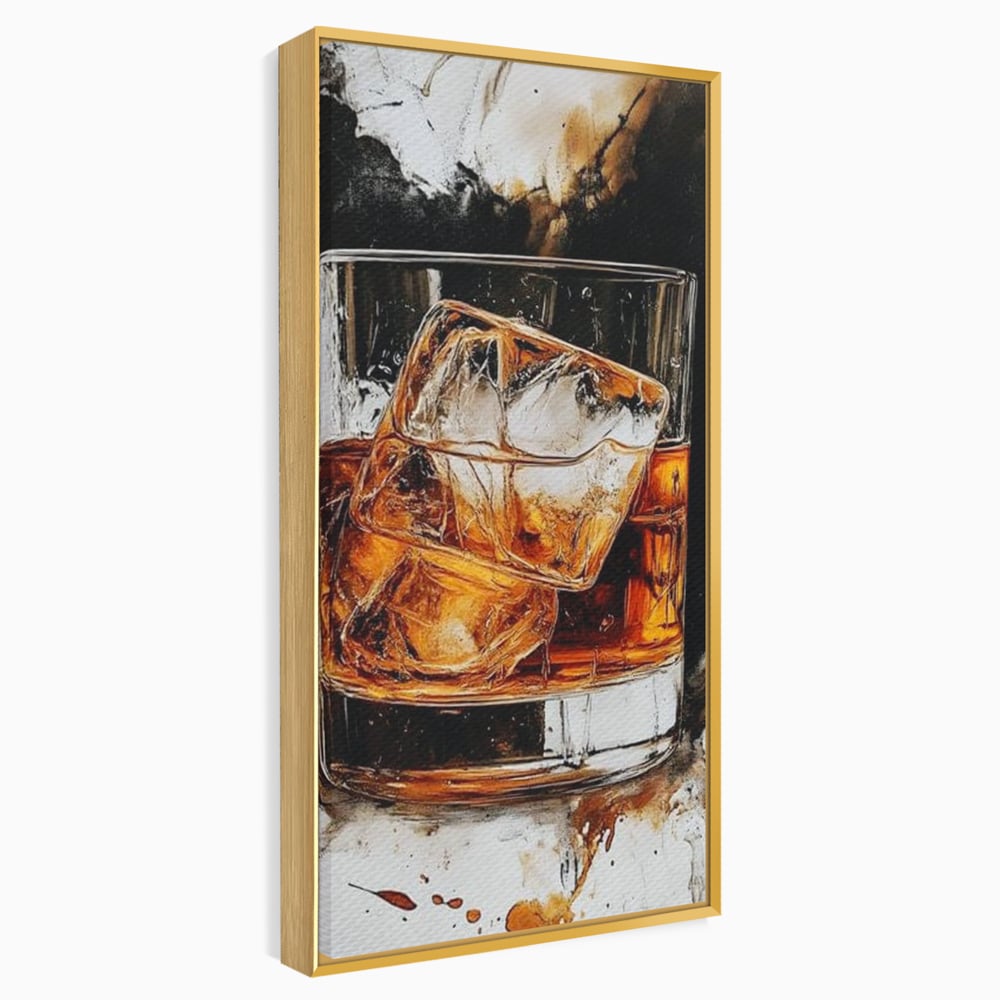 Tablou canvas cu tablou canvas cu pahar de whisky si gheata, in rama de aluminiu auriu